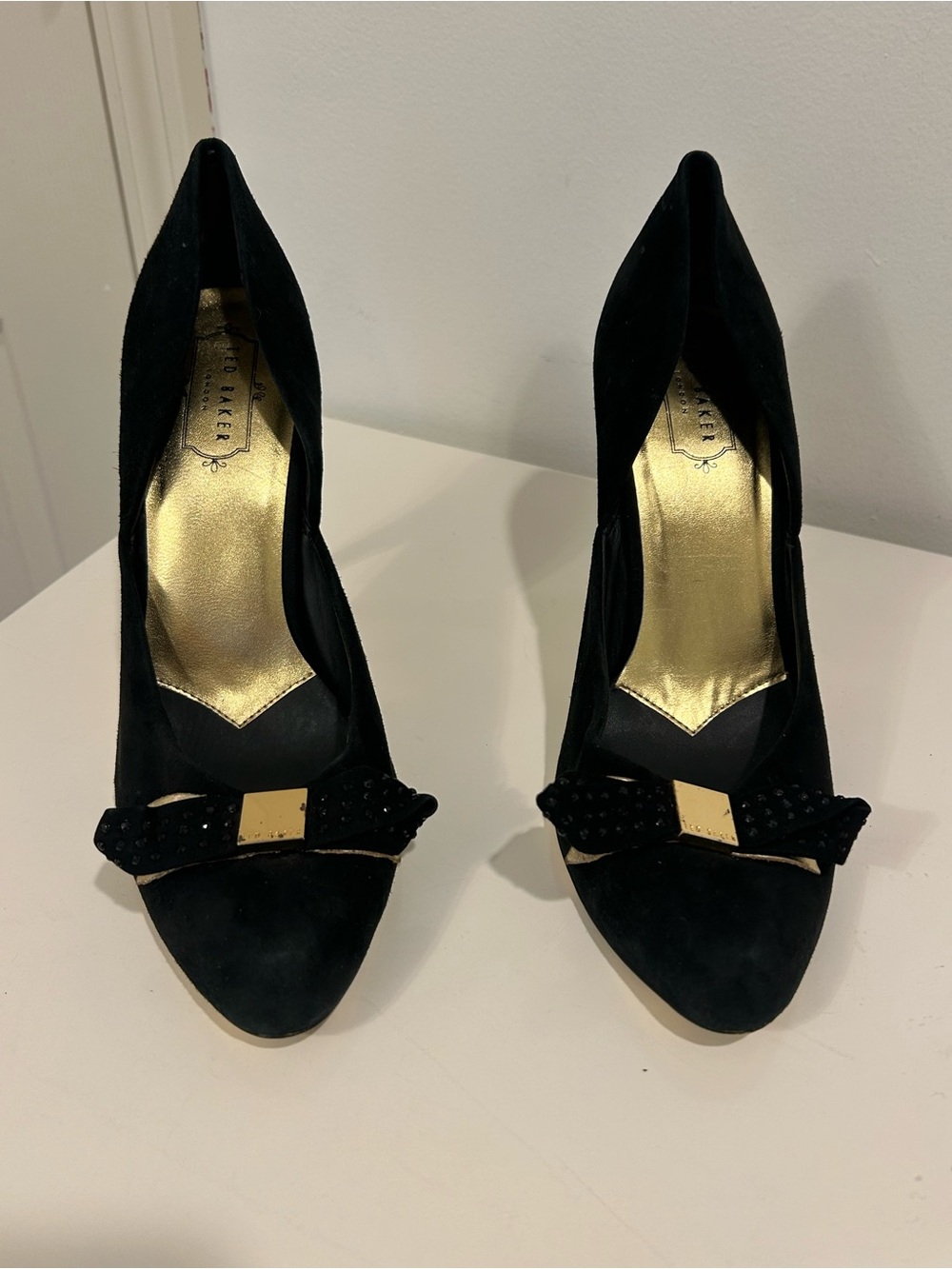 Ted Baker Black Suede Bow Peep-Toe Heels with Gold Insole
